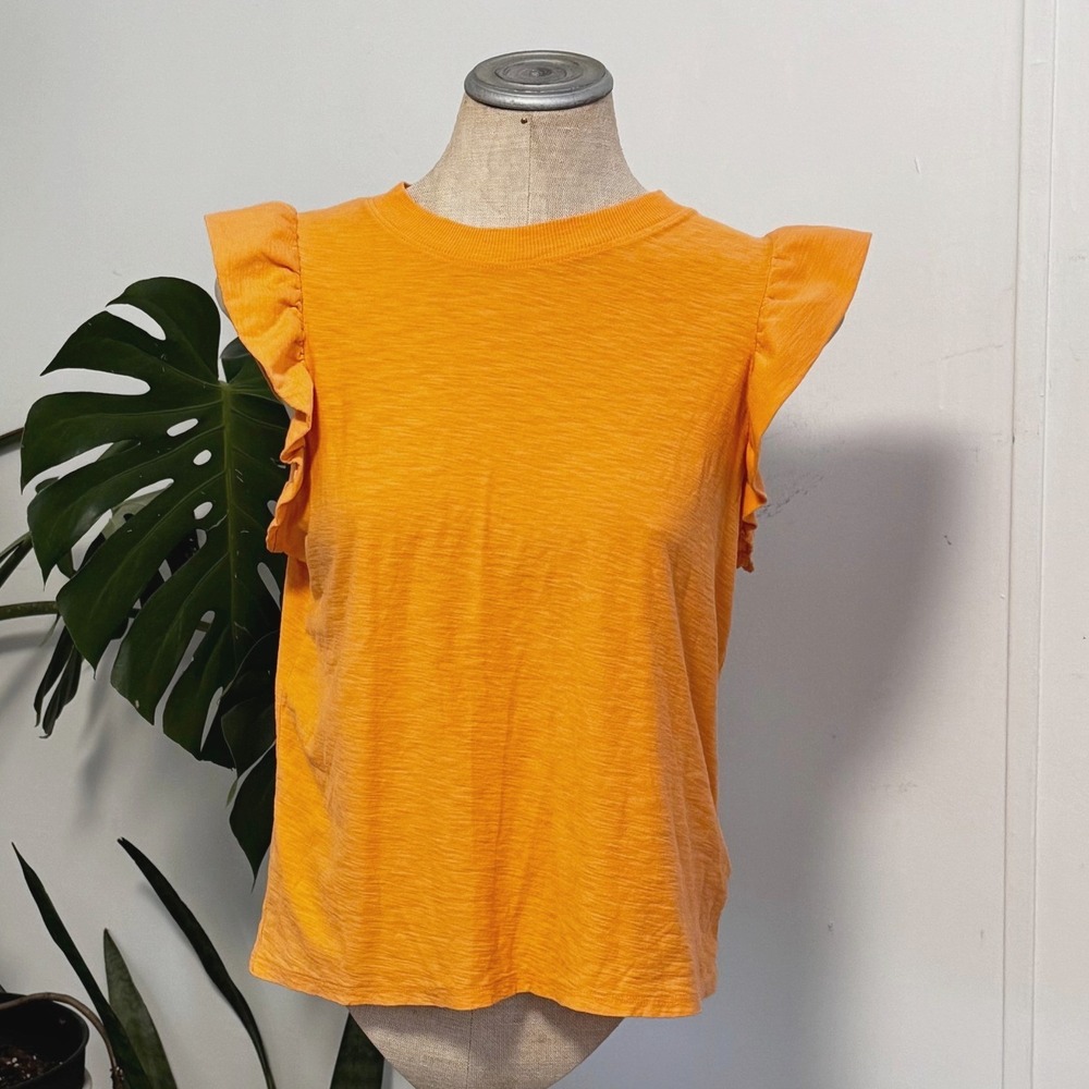 Nation LTD Ruffle Sleeve Top Womens‎ Medium Orange Pima Cotton Slub Knit Tee